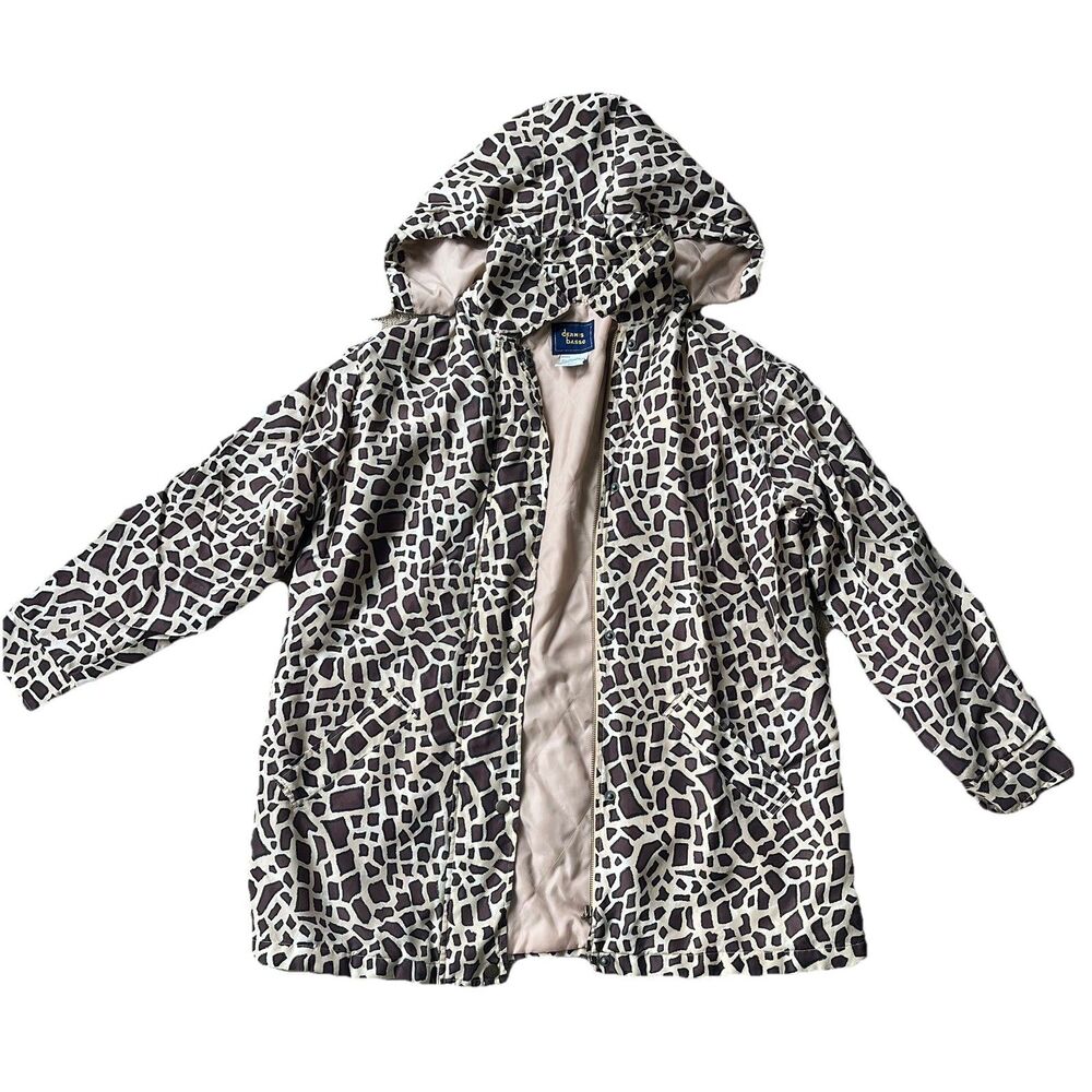 Dennis Basso Women’s Med Giraffe Print Coat 100% Silk Removable Hood Lightweight